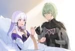  1boy 1girl armor black_armor black_gloves byleth_(fire_emblem) byleth_eisner_(male) closed_mouth commission dress fire_emblem fire_emblem:_three_houses gloves green_eyes green_hair hair_ornament highres long_hair long_sleeves lysithea_von_ordelia oenothera open_mouth pillow pink_eyes pinky_swear short_hair smile white_hair 