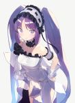  1girl bare_shoulders blush breasts choker dress euryale fate/grand_order fate/hollow_ataraxia fate_(series) frilled_hairband frills hairband hajime_(hajime-ill-1st) hands_on_hips headdress highres lace lace_choker lolita_hairband looking_at_viewer maid_headdress purple_hair see-through small_breasts smile solo thighs twintails violet_eyes white_background white_dress 