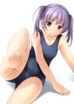  1girl arm_support bangs bare_arms bare_legs bare_shoulders barefoot blue_swimsuit blush breasts collarbone commentary_request eyebrows_visible_through_hair hair_tie highres leg_up looking_at_viewer old_school_swimsuit one-piece_swimsuit original parted_lips purple_hair school_swimsuit shadow shibacha sidelocks small_breasts smile soles solo swimsuit toes twintails violet_eyes white_background 