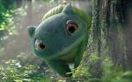  3d brown_eyes bulbasaur closed_mouth commentary creature day english_commentary gen_1_pokemon grass looking_at_viewer mpc_film multiple_sources nature no_humans official_art outdoors pokemon pokemon_(creature) pokemon_trading_card_game solo standing third-party_source tree 