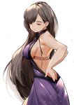  1girl backless_dress backless_outfit bra_strap breasts closed_eyes dress earrings eyebrows eyebrows_visible_through_hair eyes_visible_through_hair final_fantasy final_fantasy_vii final_fantasy_vii_remake hands_on_hips highres jewelry large_breasts long_hair majocc_(dusty051) purple_dress sideboob solo sparkle tifa_lockhart 