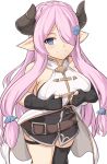  1girl bare_shoulders belt black_dress black_gloves blue_eyes blush braid breasts closed_mouth draph dress gloves granblue_fantasy hair_ornament hair_over_one_eye hairclip horns large_breasts lavender_hair long_hair looking_at_viewer low_tied_hair narmaya_(granblue_fantasy) pointy_ears shiseki_hirame short_dress sidelocks simple_background single_braid smile solo thighs vest white_background white_vest 