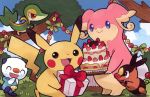  :d ^_^ audino birthday blue_sky box brown_eyes cake closed_eyes clouds cloudy_sky commentary day english_commentary eo_kanako facing_viewer fangs food gen_1_pokemon gen_5_pokemon gift grass happy holding holding_box holding_gift looking_at_viewer multiple_sources official_art open_mouth oshawott outdoors pikachu pokemon pokemon_trading_card_game shadow sky smile snivy standing tepig third-party_source tree 