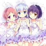  3girls :d animal_ears azumi_kazuki bare_arms bare_shoulders blue_eyes blue_hair blush bow breasts brown_eyes brown_hair chimame-tai collarbone commentary_request constellation_print detached_sleeves dress fake_animal_ears frills girl_sandwich gochuumon_wa_usagi_desu_ka? hair_bow hair_ornament hairband hand_up hands_up heart jouga_maya kafuu_chino long_hair low_twintails multiple_girls natsu_megumi open_mouth parted_lips pleated_dress puffy_short_sleeves puffy_sleeves purple_hair rabbit_ears ribbon sandwiched short_sleeves sleeveless sleeveless_dress small_breasts smile star striped striped_bow twintails unmoving_pattern very_long_hair white_bow white_dress white_hairband white_ribbon white_sleeves x_hair_ornament 