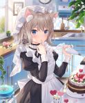  1girl ahoge animal_ear_fluff animal_ears apron black_dress blue_eyes blurry braid brown_hair cake cat_ears clock commentary_request depth_of_field dress finger_to_mouth flower food frills hat highres jar jimmy juliet_sleeves kitchen long_sleeves looking_at_viewer maid maid_apron medium_hair mob_cap original picture_frame pink_flower plant puffy_sleeves rose solo wall_clock 