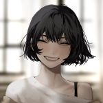  1girl 1l9l2aa8ucl0igj bangs bare_shoulders black_hair closed_eyes cup face grey_eyes korean_commentary looking_to_the_side mole mole_under_eye mug off_shoulder original short_hair smile strap window 