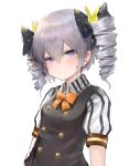  1girl bangs black_bow black_vest blush bow breasts bronya_zaychik bunny_hair_ornament closed_mouth collared_shirt commentary dokomon drill_hair english_commentary eyebrows_visible_through_hair grey_hair hair_between_eyes hair_bow hair_ornament highres honkai_(series) honkai_impact_3rd orange_bow polka_dot polka_dot_bow puffy_short_sleeves puffy_sleeves shirt short_sleeves simple_background small_breasts solo striped striped_shirt twin_drills twintails upper_body vertical-striped_shirt vertical_stripes vest violet_eyes white_background white_shirt 