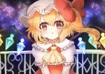  1girl annoyed ascot blonde_hair blush bow crystal eyebrows_visible_through_hair fangs flandre_scarlet frilled_shirt frilled_shirt_collar frilled_sleeves frills hat hat_ribbon highres medium_hair mob_cap one_side_up puffy_short_sleeves puffy_sleeves red_bow red_eyes red_ribbon red_skirt red_vest ribbon shigure shirt short_sleeves side_ponytail skirt touhou upper_body vest white_shirt wings yellow_neckwear 