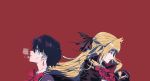  2girls bamba_mitsugu black_hair black_ribbon blonde_hair bow bowtie breath cape earrings hair_ribbon half_updo jewelry long_hair looking_down looking_up mai_vlad_transylvania messy_hair multiple_girls official_art pointy_ears red_background red_eyes red_neckwear ribbon short_hair upper_body vlad_love yellow_eyes 