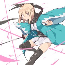  1girl ahoge black_eyes black_ribbon blonde_hair fate/grand_order fate_(series) hair_ribbon highres japanese_clothes katana kimono kimono_skirt koha-ace looking_at_viewer obi okita_souji_(fate) okita_souji_(fate)_(all) ribbon sash short_hair solo sword weapon white_background wide_sleeves 