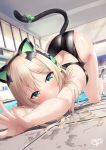  1girl ass back bangs black_swimsuit blonde_hair blush bow breasts cat_ear_headphones cat_tail competition_swimsuit girls_frontline green_bow green_eyes headphones highres long_hair looking_at_viewer medium_breasts one-piece_swimsuit outstretched_arms poolside shirosaba solo swimsuit tail thighs tmp_(girls_frontline) top-down_bottom-up wet 