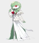  1girl bangs clothed_pokemon full_body gardevoir gen_3_pokemon green_hair green_skin grey_background hair_over_one_eye hand_up jacket long_sleeves newo_(shinra-p) no_humans off_shoulder open_clothes open_jacket pokemon pokemon_(creature) red_eyes shiny shiny_hair shiny_skin short_hair simple_background solo standing two-tone_skin white_jacket white_skin zipper zipper_pull_tab 