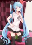  absurdres bed black_legwear black_ribbon black_skirt blue_eyes blue_hair checkered commentary curtains dress feathers feet_out_of_frame frilled_dress frills hair_feathers hair_ribbon hand_on_hip hand_on_own_chest hatsune_miku highres long_hair looking_at_viewer neck_ribbon one_knee red_feathers ribbon skirt smile strawberry_pillow supreme_(module) thigh-highs twintails very_long_hair vocaloid white_dress world_is_mine_(vocaloid) yuzuaji zettai_ryouiki 