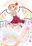  1girl ascot blonde_hair bow collared_shirt cosmos_(flower) crystal fang flandre_scarlet flower frilled_shirt frilled_shirt_collar frilled_skirt frilled_sleeves frills full_body happiness_lilys hat hat_ribbon highres looking_at_viewer medium_hair mob_cap one_side_up puffy_short_sleeves puffy_sleeves purple_flower red_bow red_eyes red_footwear red_ribbon red_skirt red_vest ribbon shirt short_hair short_sleeves side_ponytail skirt skirt_set solo touhou transparent vest white_flower white_legwear white_shirt wings wrist_cuffs yellow_neckwear 