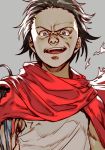  1boy akira black_eyes black_hair cape forehead hair_slicked_back hankuri looking_at_viewer male_focus mechanical_arm open_mouth red_cape red_scarf scarf shima_tetsuo shirt simple_background solo spiky_hair upper_body 