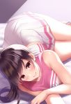  1girl bed brown_eyes brown_hair cheerleader huyumitsu kneehighs long_hair looking_at_viewer lying on_bed on_side original pleated_skirt ponytail skirt smile solo tank_top 