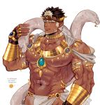  1boy abs bara beard brown_hair chest dark_skin dark_skinned_male facial_hair headband jewelry looking_at_viewer male_focus muscle navel necklace nipples pectorals pointy_ears simple_background smile solo spiky_hair tangaroa tattoo tokyo_houkago_summoners tora_d white_hair yellow_eyes 