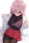  1girl bare_shoulders blush breasts fate/grand_order fate_(series) glasses hair_over_one_eye highres jacket large_breasts lavender_hair long_sleeves looking_at_viewer mash_kyrielight off_shoulder open_mouth seon_(seonon_) short_hair simple_background solo violet_eyes white_background 