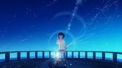  1girl adjusting_hair bangs bird black_hair blue_sky closed_eyes electric_guitar guitar highres holding holding_instrument instrument kaisei_(vocaloid) ocean shirt sky smile solo sun_glare vocaloid white_shirt y_y_(ysk_ygc) 