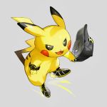  :3 baseball_cap black_headwear black_sclera blush_stickers clothed_pokemon full_body gen_1_pokemon grey_background happy hat jewelry lightning_bolt looking_to_the_side newo_(shinra-p) no_humans open_mouth pikachu pokemon pokemon_(creature) ring shiny shiny_skin shoes simple_background smile solo watch watch white_eyes yellow_footwear 