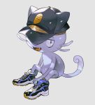 alolan_form alolan_meowth black_eyes black_footwear black_headwear cat_tail clothed_pokemon fang full_body furry gen_7_pokemon grey_background half-closed_eyes happy hat looking_at_viewer newo_(shinra-p) no_humans open_mouth paws pokemon pokemon_(creature) shiny shiny_skin shoes simple_background sitting smile solo tail whiskers 