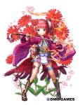  1girl boots brown_footwear closed_mouth commentary flower flower_knight_girl full_body hair_flower hair_ornament hairband holding holding_sword holding_weapon katana knee_boots legs_apart looking_at_viewer lychnis_(flower_knight_girl) nakaishow obi object_namesake official_art redhead sash short_hair smile solo standing sword tassel thighlet violet_eyes weapon white_hairband 
