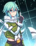  1girl aozorashiroihane aqua_eyes aqua_hair blue_eyes blue_hair breasts commentary_request eyebrows_visible_through_hair fingerless_gloves gloves green_jacket hair_between_eyes hair_ornament highres jacket looking_at_viewer scarf short_hair short_shorts shorts sinon smile solo sword_art_online 