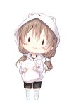  1girl animal_ears bangs bear_ears bear_hair_ornament bear_hood black_camisole black_shorts blush brown_hair chibi closed_mouth commentary fake_animal_ears full_body hair_between_eyes hair_ornament highres holding holding_pillow hood hoodie long_hair low_twintails mochizuki_shiina no_shoes original pillow short_shorts shorts simple_background smile solid_oval_eyes solo standing striped striped_legwear symbol_commentary thigh-highs twintails white_background white_hoodie 