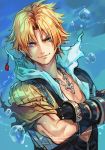 1boy bangs bare_chest blonde_hair blue_eyes chain chain_necklace closed_mouth collarbone crossed_arms earrings final_fantasy final_fantasy_x gloves hankuri hood hood_down jewelry looking_at_viewer male_focus necklace parted_bangs short_hair simple_background smile solo tidus upper_body water