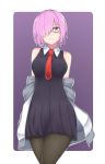  1girl absurdres arindyudha arms_behind_back bare_shoulders black_dress black_legwear blush breasts commentary_request dress eyebrows_visible_through_hair fate/grand_order fate_(series) glasses hair_over_one_eye highres jacket large_breasts lavender_hair looking_at_viewer mash_kyrielight necktie off-shoulder_jacket open_mouth pantyhose purple_hair short_hair simple_background smile solo violet_eyes 