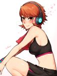  1girl armpits artist_name bangs bare_arms bare_shoulders black_shorts blush breasts closed_mouth commentary_request eyebrows_visible_through_hair from_side headphones highres ichigai_(hayawossan) looking_at_viewer looking_to_the_side medium_breasts persona persona_3 red_eyes redhead short_hair shorts sideboob smile solo sports_bra squatting sweat sweatband takeba_yukari towel towel_around_neck wet 