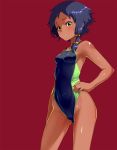  1girl alice_gear_aegis blue_hair blush braid breasts casual_one-piece_swimsuit dark_skin green_eyes hand_on_hip highres one-piece_swimsuit red_background shanti_rana simple_background small_breasts solo swimsuit tabigarasu 