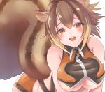  1girl animal_ears antenna_hair bent_over blazblue blush breasts buck_teeth crop_top highleg highleg_panties highres large_breasts large_tail looking_at_viewer makoto_nanaya microskirt mithiruka multicolored_hair orange_eyes orange_skirt panties revealing_clothes skirt solo squirrel_ears squirrel_girl squirrel_tail tail two-tone_hair under_boob underwear v_arms 