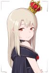  1girl absurdres alternate_costume bangs bare_shoulders blush commentary_request crown face fate/kaleid_liner_prisma_illya fate/stay_night fate_(series) flower from_side frown highres illyasviel_von_einzbern long_hair looking_at_viewer pear_sauce red_eyes red_flower solo 