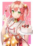  1girl ahoge bell birthday breasts cake cherry_blossom_print floral_print food fork fruit green_eyes hair_bell hair_ornament hairclip holding holding_fork holding_plate hololive long_hair looking_at_viewer motsunuki one_side_up paw_print_pattern pink_background pink_hair plate sakura_miko sideboob solo star star_print strawberry virtual_youtuber 