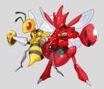  antennae arm_up beedrill blank_eyes bottomless clothed_pokemon clothes_writing english_text full_body furry gen_1_pokemon gen_2_pokemon grey_background helmet holding insect_wings jacket long_sleeves looking_at_viewer motorcycle_helmet newo_(shinra-p) no_humans outstretched_arm pokemon pokemon_(creature) red_eyes red_jacket scizor shiny shiny_skin simple_background standing wings yellow_eyes yellow_headwear yellow_jacket zipper 