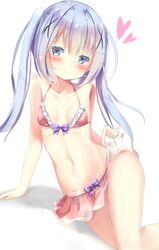  1girl :&gt; arm_support bangs bare_arms bare_shoulders bikini bikini_skirt blue_eyes blue_hair blush bow bow_bikini breasts brown_bikini closed_mouth collarbone commentary_request eyebrows_visible_through_hair gochuumon_wa_usagi_desu_ka? groin hair_between_eyes hair_ornament heart highres kafuu_chino lifted_by_self long_hair looking_at_viewer na!?_(naxtuyasai) navel purple_bow sidelocks small_breasts solo swimsuit twintails very_long_hair x_hair_ornament 