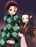  1boy 1girl absurdres bamboo belt belt_buckle bit_gag black_hair blush brown_eyes brown_hair brown_jacket brown_pants buckle checkered commentary_request earrings facial_scar forehead forehead_scar gag gradient_hair hair_ribbon highres holding holding_sword holding_weapon jacket japanese_clothes jewelry jiu_(sdesd3205) kamado_nezuko kamado_tanjirou katana kimetsu_no_yaiba kimono long_hair long_sleeves mouth_hold multicolored_hair open_clothes open_mouth pants pink_eyes pink_kimono pink_ribbon ribbon round_teeth scar sword teeth upper_teeth v-shaped_eyebrows very_long_hair weapon white_belt wide_sleeves 