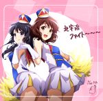 2girls :d abstract_background ass bangs bare_shoulders black_hair blue_headwear breasts brown_hair cheerleader cowboy_shot dated elbow_gloves eyebrows_visible_through_hair gloves hibike!_euphonium highres holding holding_hands kousaka_reina leaning_back leaning_forward long_hair looking_at_viewer looking_back miniskirt multiple_girls nii_manabu open_mouth oumae_kumiko pom_poms round_teeth short_hair signature skirt sleeveless small_breasts smile teeth upper_teeth violet_eyes white_gloves white_skirt yellow_eyes 