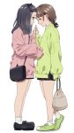  2girls bag black_bow black_footwear black_hair black_skirt blush bow braid brown_hair closed_eyes closed_mouth facing_another green_footwear green_sweater grin hair_bow hand_up hands_together holding holding_bag long_hair long_sleeves looking_at_another mattaku_mousuke multiple_girls original palms_together pink_sweater pleated_skirt profile puffy_long_sleeves puffy_sleeves shoes shoulder_bag simple_background skirt sleeves_past_fingers sleeves_past_wrists smile socks sweater white_background white_legwear 