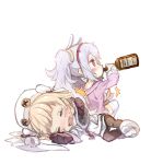  2girls alcohol animal_ears azur_lane bangs black_legwear blonde_hair blush boots bottle chibi closed_eyes coat codeblueocean commentary_request drinking drunk fake_animal_ears flask grozny_(azur_lane) highres jacket laffey_(azur_lane) lavender_hair long_hair multiple_girls open_mouth overcoat pantyhose pink_jacket rabbit_ears red_eyes round_teeth short_hair sidelocks simple_background smile teeth thigh-highs thumbs_up twintails upper_teeth vodka white_background white_coat white_footwear white_legwear 