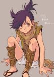  1girl beige_background closed_mouth dororo_(tezuka) edmhhhnh fingernails frown hyakkimaru_(dororo) long_hair medium_hair ponytail purple_hair simple_background sitting toenails torn_clothes yellow_eyes 