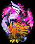  bird bird_focus black_background claws fire full_body galarian_articuno galarian_form galarian_moltres galarian_zapdos gen_8_pokemon legendary_pokemon looking_at_viewer pokemon simple_background versiris yellow_eyes 