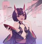  1girl absurdres alcohol bangs bob_cut breasts cup eyeliner fangs fate/grand_order fate_(series) headpiece highres horns japanese_clothes kimono long_sleeves looking_at_viewer makeup oni oni_horns open_mouth purple_hair purple_kimono revealing_clothes sakazuki sake short_eyebrows short_hair shuten_douji_(fate/grand_order) skin-covered_horns slit_pupils small_breasts smile solo violet_eyes yayako_(804907150) 