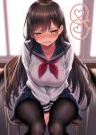  1girl backlighting bangs between_legs black_legwear blue_skirt blush breasts brown_eyes brown_hair chair classroom collarbone desk hand_between_legs heart kase_daiki large_breasts long_hair neckerchief open_mouth original pantyhose red_neckwear sailor_collar school_uniform serafuku shirt sitting skirt solo spoken_heart thighs white_shirt window 