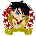  1boy :&gt; black_hair blue_eyes character_name heart highres ice_skates jean-jacques_leroy kaorin_minogue leaf male_focus maple_leaf medal skates smile star star-shaped_pupils symbol-shaped_pupils tattoo upper_body yuri!!!_on_ice 