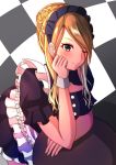  1girl 9226hi absurdres apron blonde_hair blush braid braided_bun breasts brown_hair checkered checkered_background closed_mouth eyebrows_visible_through_hair gradient_hair grey_eyes gyaru hand_on_own_chin highres idolmaster idolmaster_shiny_colors izumi_mei large_breasts leaning_on_object maid maid_apron maid_dress maid_headdress multicolored_hair one_eye_closed smile solo tan wrist_cuffs 