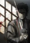  1boy blood closed_mouth collarbone fate/grand_order fate_(series) hijikata_toshizou_(fate/grand_order) holding holding_sword holding_weapon japanese_clothes katana kimono kusarebon long_sleeves looking_at_viewer male_focus monochrome short_hair solo spiky_hair spot_color standing sword weapon 