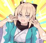  1girl ahoge bangs black_bow black_scarf blonde_hair blue_background blush bow breasts double_v emotional_engine_-_full_drive fate/grand_order fate_(series) hair_between_eyes hair_bow haori highres japanese_clothes kimono koha-ace long_sleeves medium_breasts okita_souji_(fate) okita_souji_(fate)_(all) open_mouth parody scarf short_hair smile solo v white_kimono wide_sleeves 