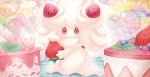  alcremie cake commentary creature english_commentary food fruit full_body gen_8_pokemon holding holding_food holding_fruit looking_at_viewer macaron mizue multiple_sources no_humans official_art pokemon pokemon_(creature) pokemon_trading_card_game red_eyes solo standing strawberry third-party_source 